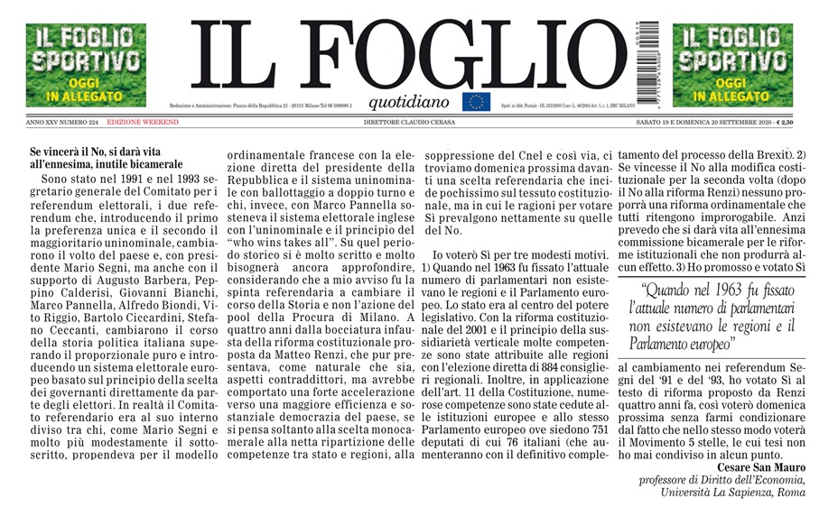 Dichiarazioni del Prof. Avv. Cesare San Mauro sul taglio dei parlamentari